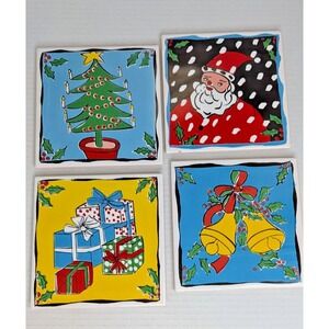 Ceramic Tiles Portugal Christmas Santa, Bells, Gifts Tree Cork Set Of 4